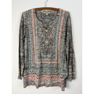 One World Womens Sz S Long Sleeve V-Notch Tribal Geometric Boho Tunic‎ Top NWOT